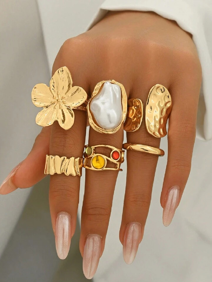 6pcs/Set Retro Metallic Flower & Rhinestone Design Rings, Faux Pearl Embellished, Can Be Worn Ind... | SHEIN