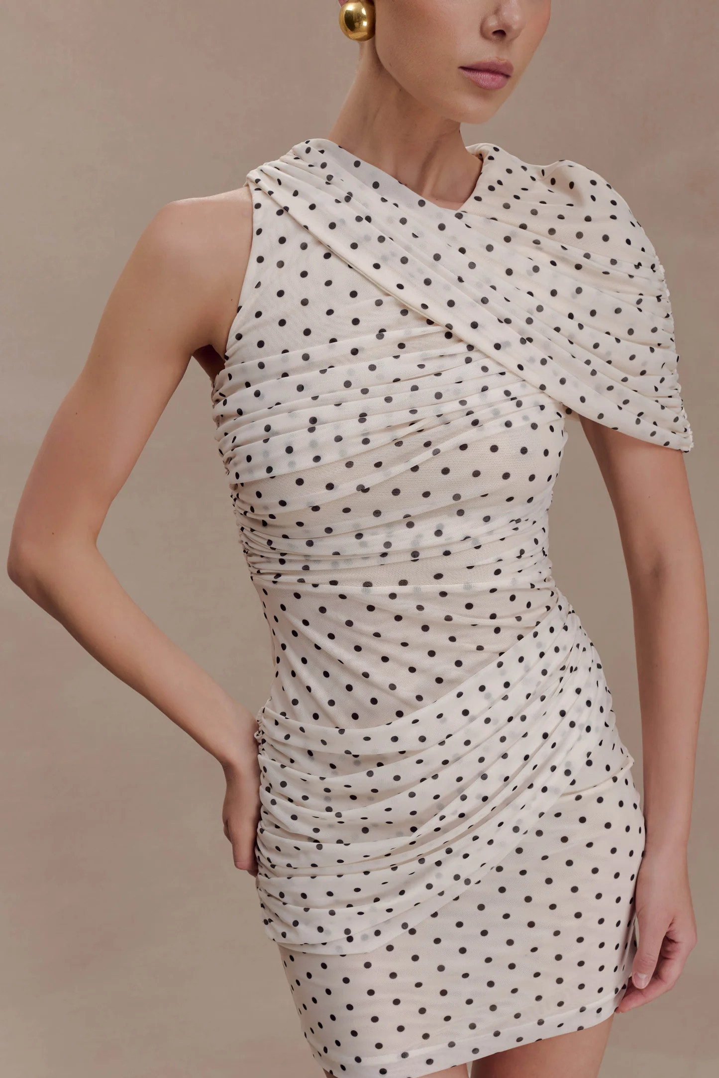 One Shoulder Mesh Mini Dress - Polka Dot | MESHKI US