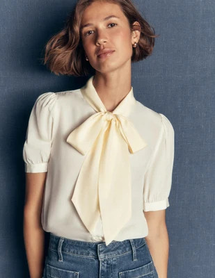 Boden Women's Tie Neck Silk Top in White | Size 12 | Boden (US)