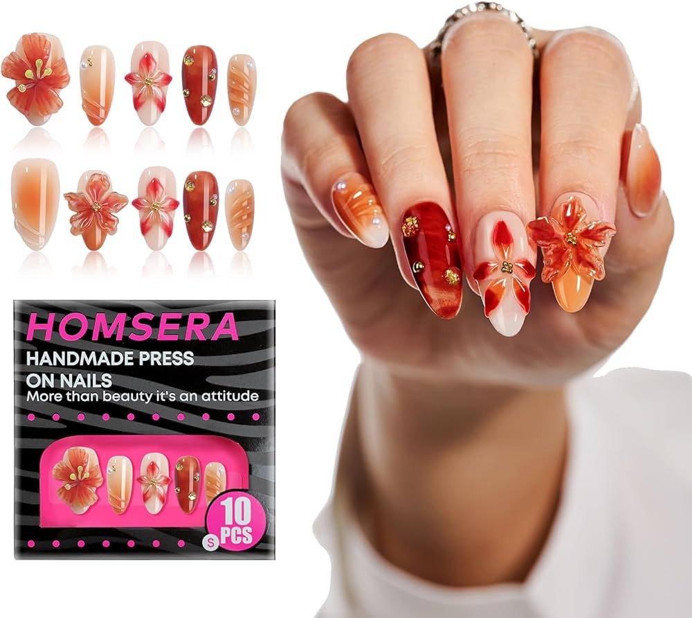 Handmade Press On Nails Almond, French Tips 3D Flowers Rhinestone Design Fake Nails Short, Salon-... | Amazon (US)