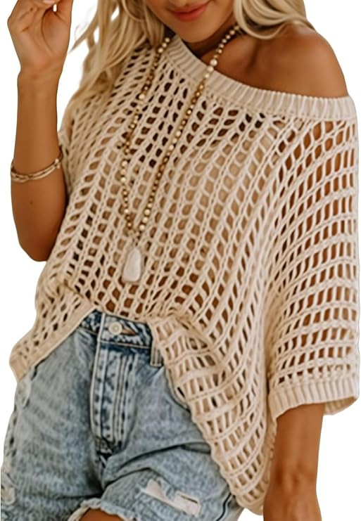 Crochet Tops for Women Off The Shoulder Beach Coverup for Swimsuit Oversized Hollow Out Summer To... | Amazon (US)