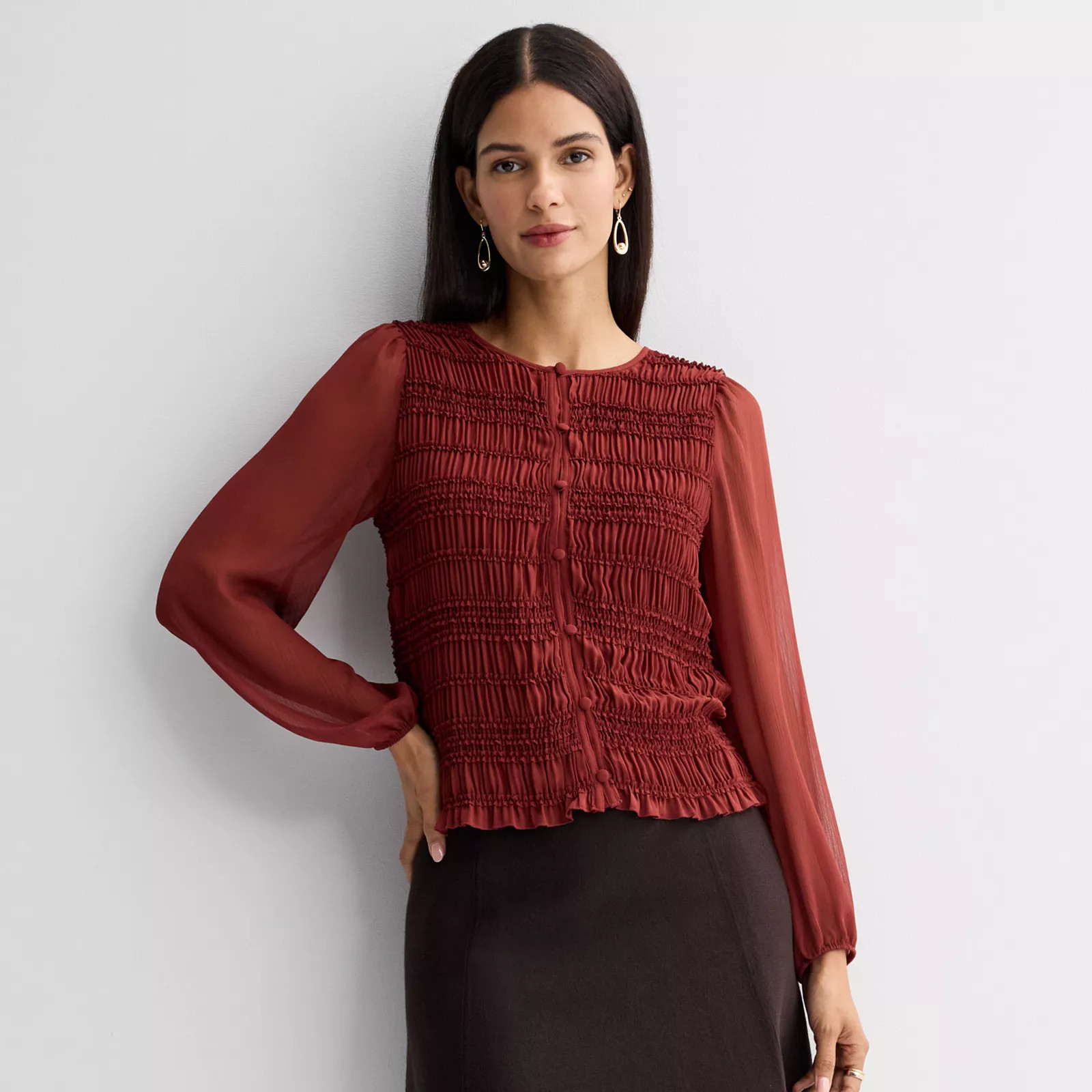 Women's Nine West Button Front Long Sleeve Crinkle Blouse, Size: XS, Delicate Red | Kohl's