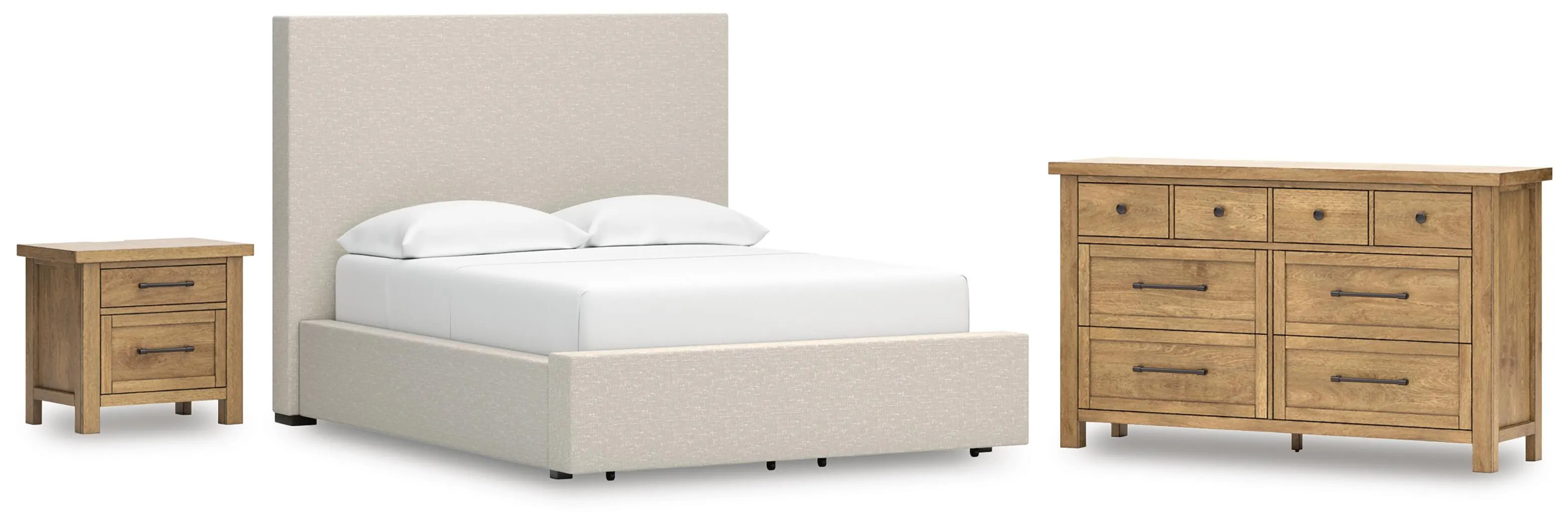 Kristiland Queen Upholstered Storage Bed with Dresser and Nightstand, Light Brown | Ashley
