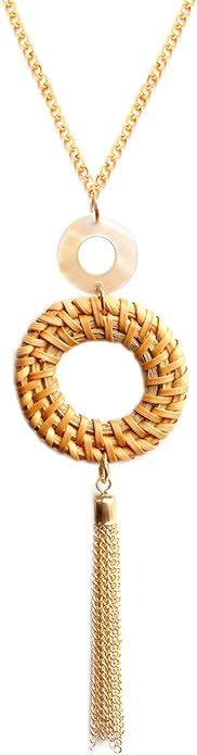 The Woo's Tassel Pendant Necklace Handmade Straw Wicker Braid Statement Shell Pendant Y-Shaped Li... | Amazon (US)