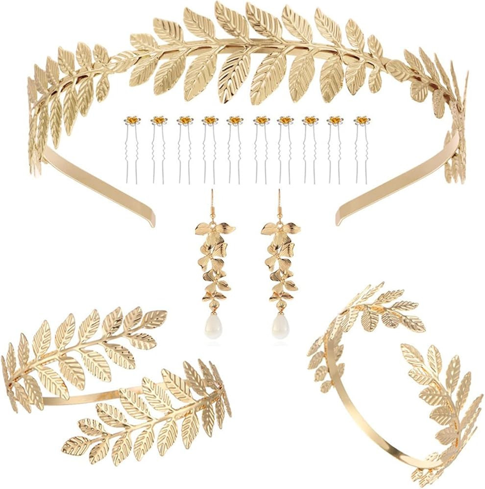 Copbopwn 15 Pieces Greek Goddess Costume Accessories Set Greek Goddess Leaf Headband Gold Wedding... | Amazon (UK)