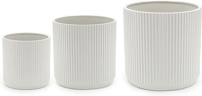 Amazon Basics Assorted Sizes Fluted Ceramic Round Planters, Set of 3, White | Amazon (US)