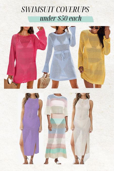 Colorful swimsuit coverups - under $50 each! I have all of these and love them. I wear a small in all of these but sized up to medium in the blue crochet 🫶🏼