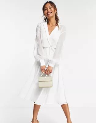 ASOS DESIGN embroidered wrap midi dress with satin and lace trim detail | ASOS (Global)