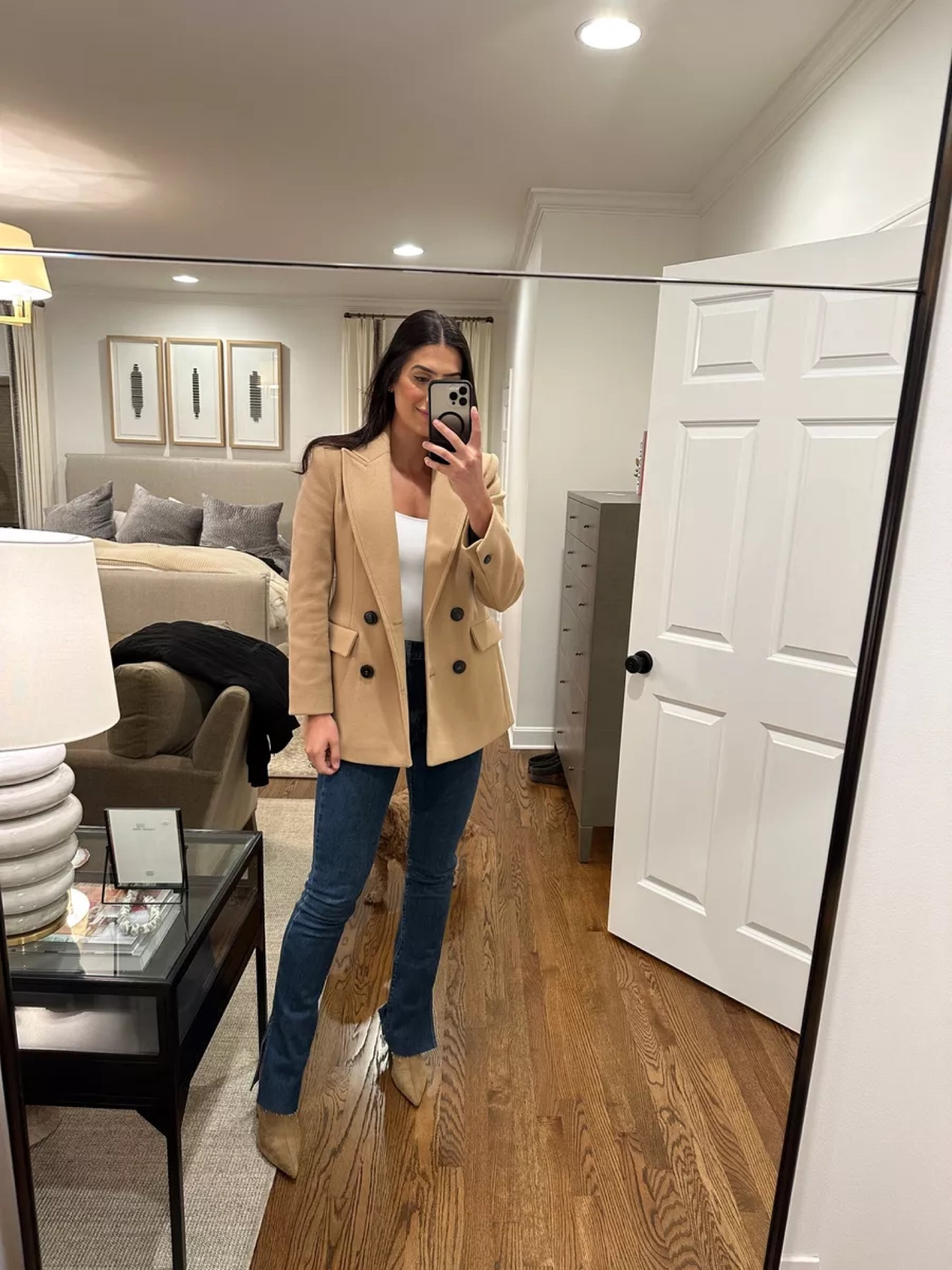Date night - what to wear on date night - slim flare denim - body suit - neutral style - blazer coat - skims bodysuit - Valentine’s Day - Walmart boots 

#LTKstyletip #LTKSeasonal #LTKshoecrush