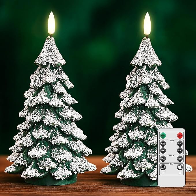 Christmas Tree Candles Covered in Snow with Remote, 2 Pcs Waxy LED Flameless Candles Flickering, ... | Amazon (US)