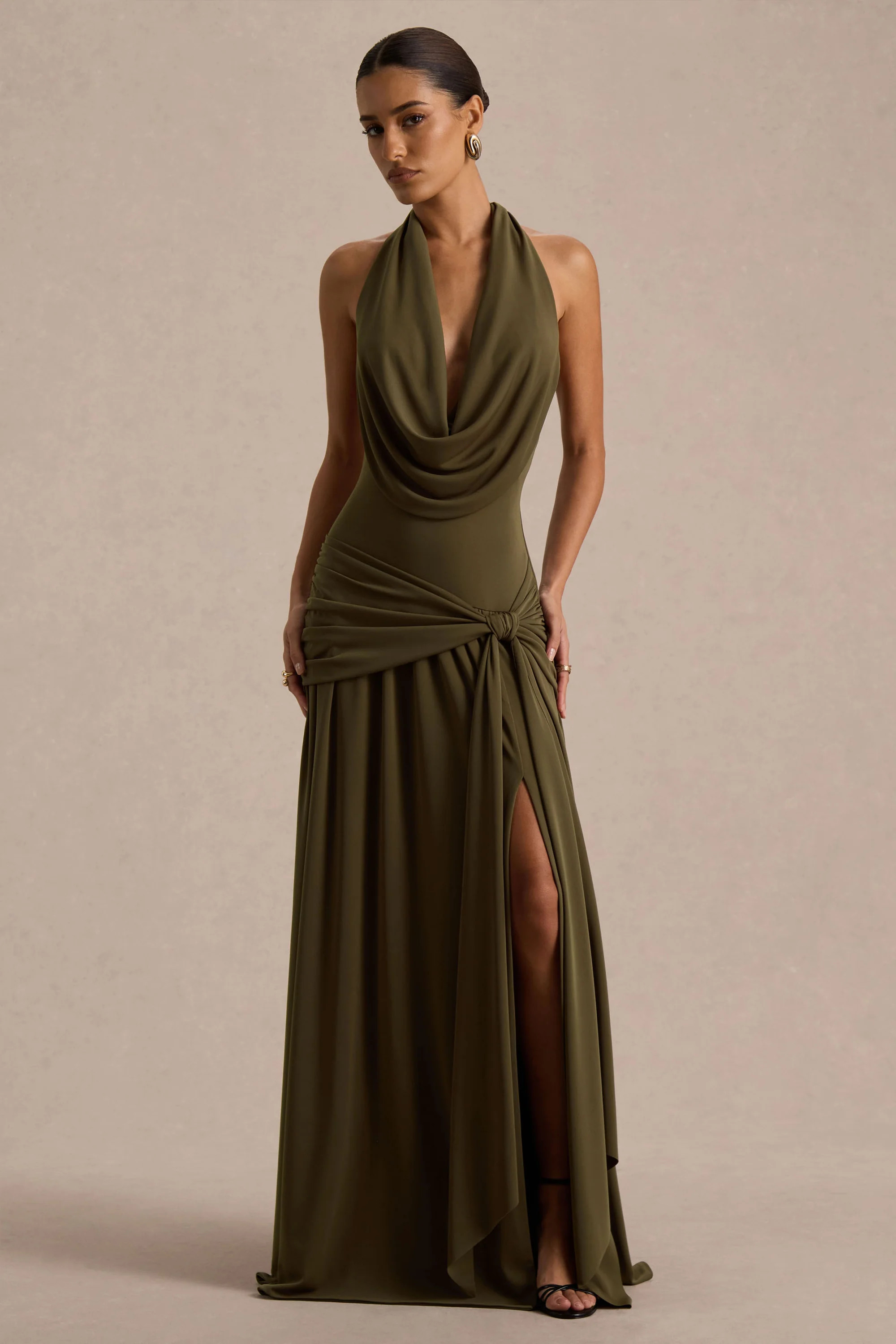 Mist | Olive Plunge-Neck Split Maxi Dress | Club L London