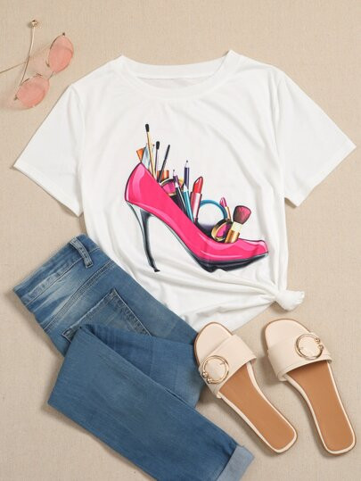 Cosmetic And High Heels Print Tee | SHEIN