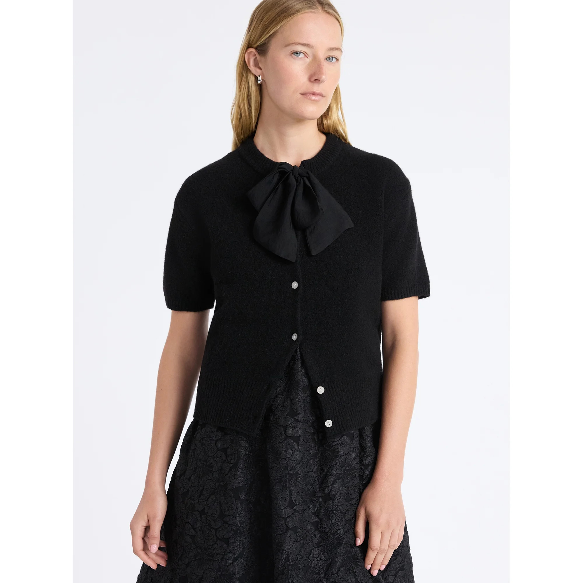 Free Assembly Women's Button-Front Bow Sweater with Short Sleeves, Midweight, Sizes XS-XXL | Walmart (US)