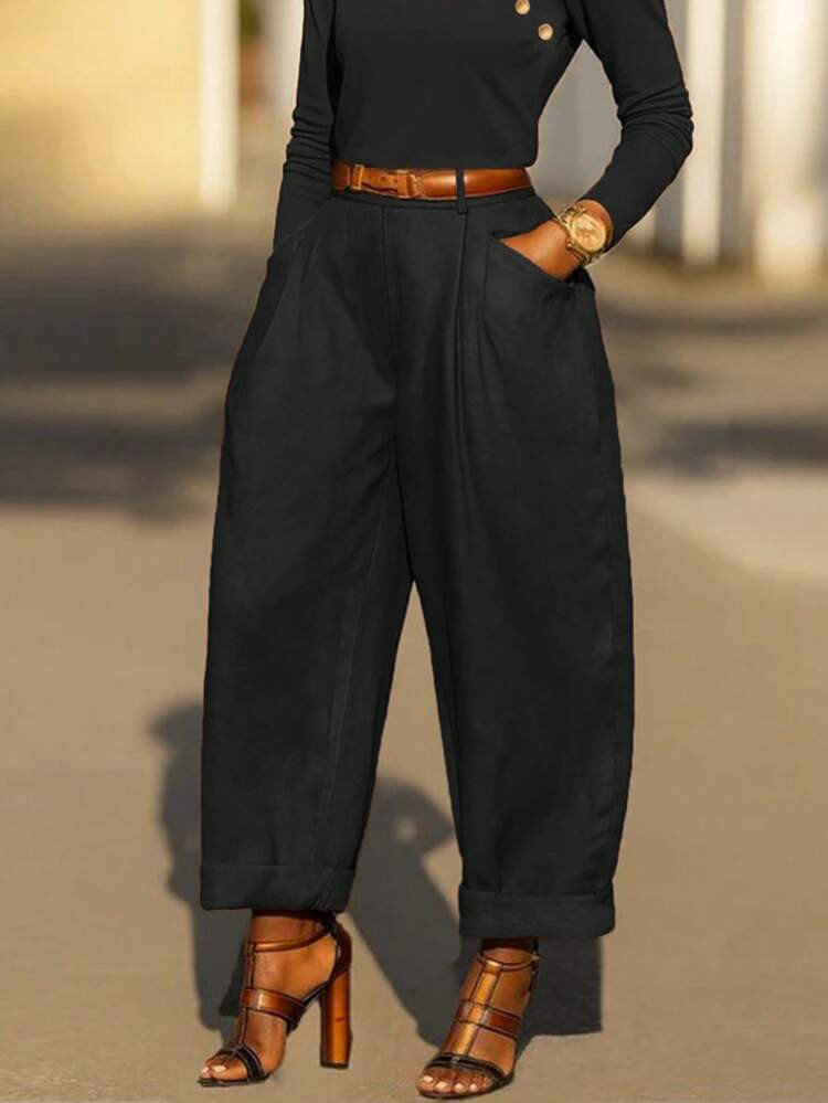 Women's Vintage Casual Solid Color Pleated Tapered Pants, Autumn/Winter Black | SHEIN