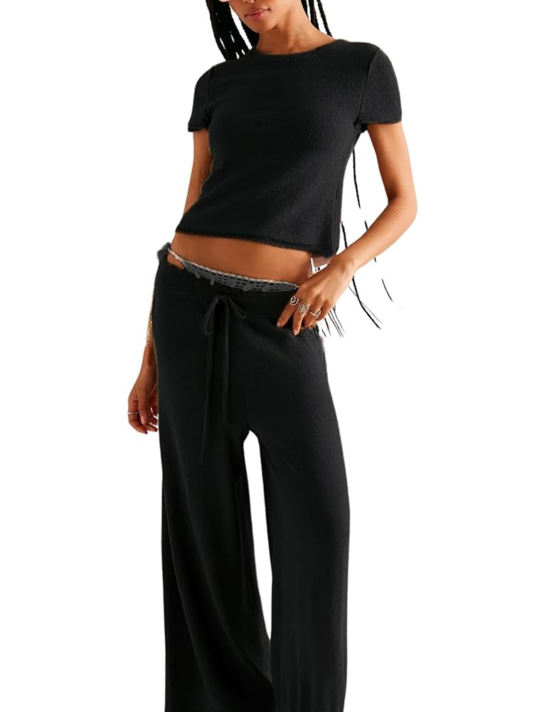 Womens 2 Piece Lounge Set Short Sleeve Knit Crop Top Wide Leg Pants Casual Comfy Matching Sweatsu... | Amazon (US)