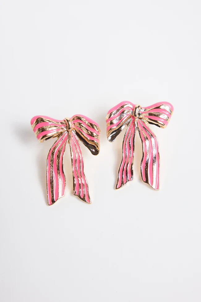 Jasmin Pink Striped Bow Earrings SALE | Pink Lily