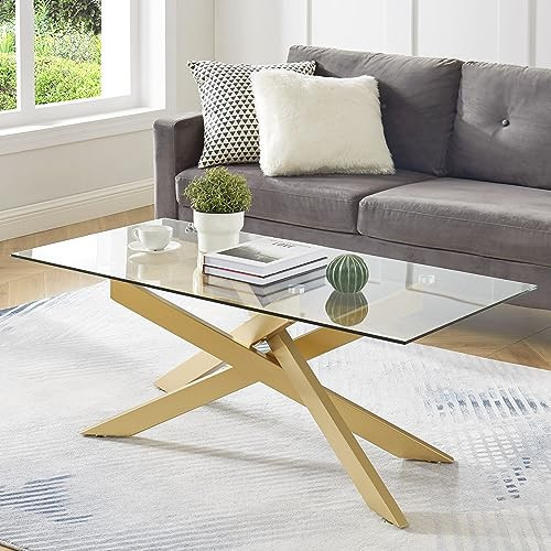 Rectangle Modern Coffee Table, Tempered Glass Top and Metal Tubular Leg, 47.3”Lx23.6”Wx18.1”H, Gold | Amazon (US)