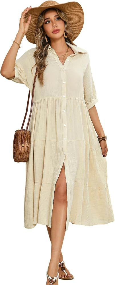 R.Vivimos Women's Summer Cotton Half Sleeves Button Down Casual Loose Slit Midi Dress with Pocket... | Amazon (US)