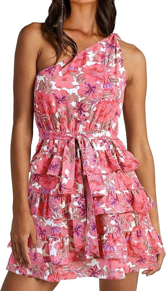 BTFBM Women One Shoulder Summer Dresses 2025 Floral Sundress High Waist Tiered A Line Mini Beach ... | Amazon (US)