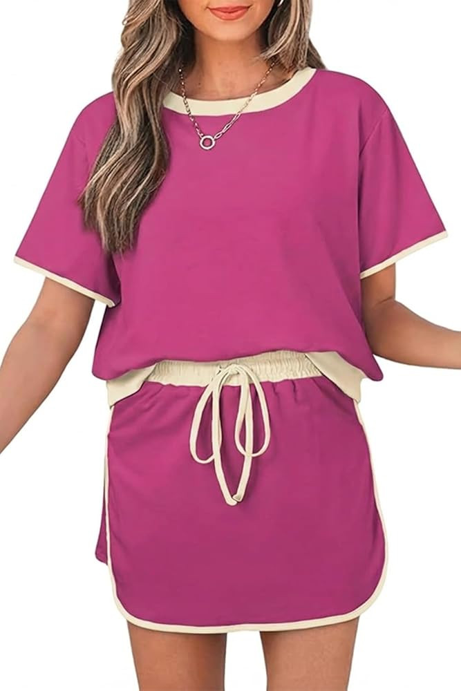Womens 2 Piece Skort Set 2026 Color Block Short Sleeve Top Drawstring Skort Matching Sets Casual ... | Amazon (US)