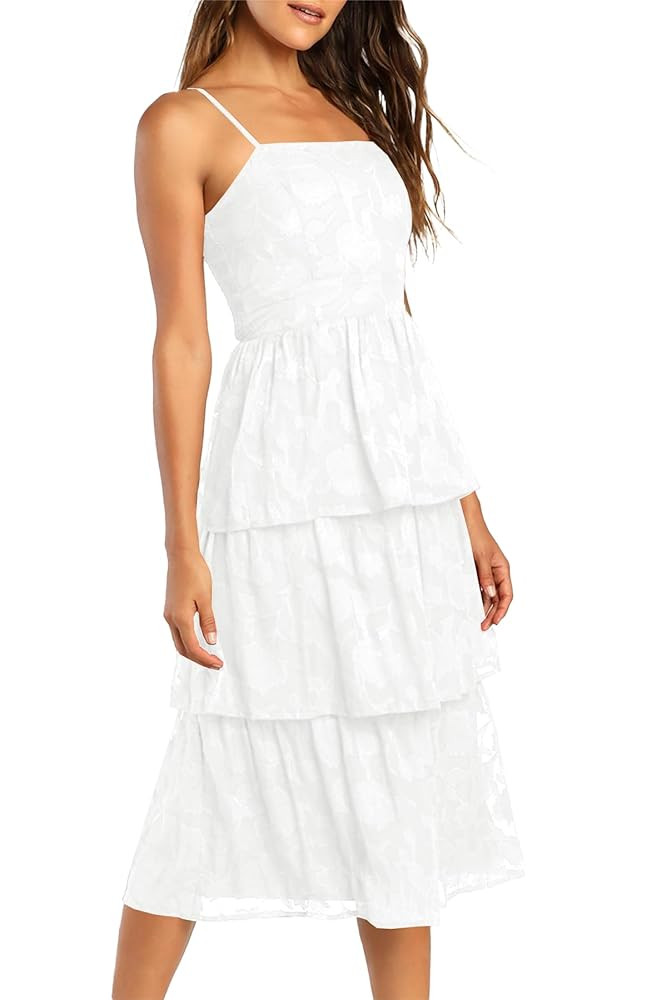 Ferlema Women's 2025 Summer Sleeveless Spaghetti Strap Smocked Tiered Flowy Beach Cocktail Midi D... | Amazon (US)