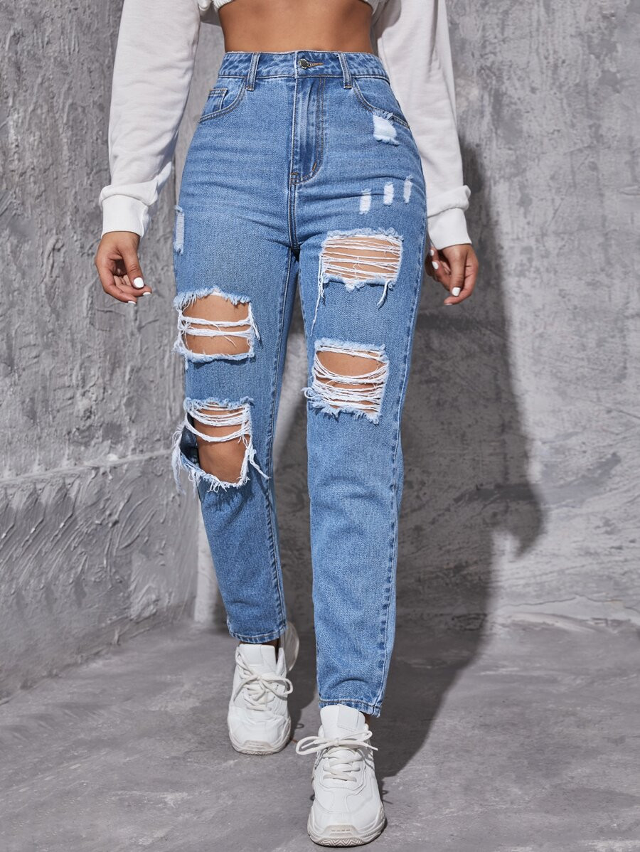 SHEIN EZwear Y2k Ripped Frayed Tapered Jeans | SHEIN