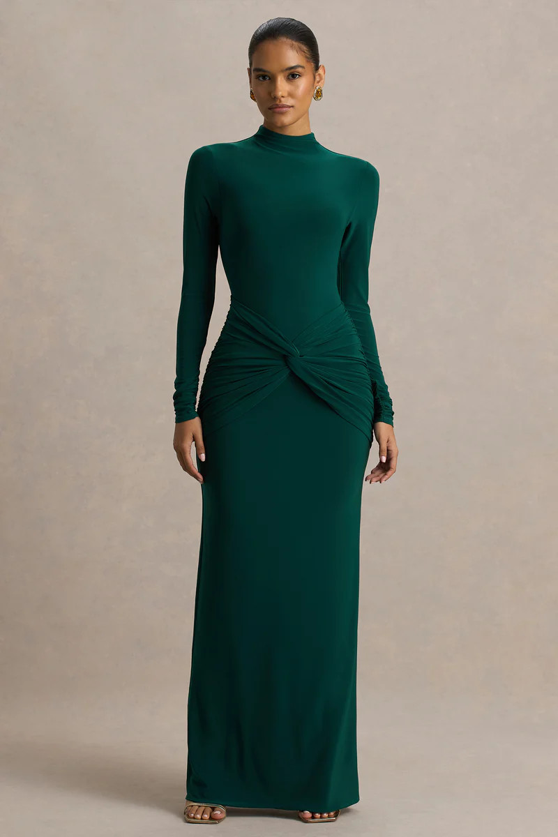 Alula  Bottle Green High-Neck Maxi Dress With Twist Detail | Club L London