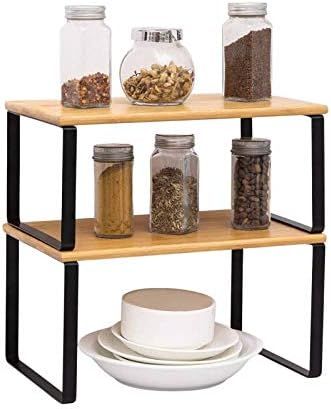 2 Pack Bamboo Kitchen Cabinet, Expandable & Stackable Counter Top Organizer Shelf , Spice Jars Bottl | Amazon (US)