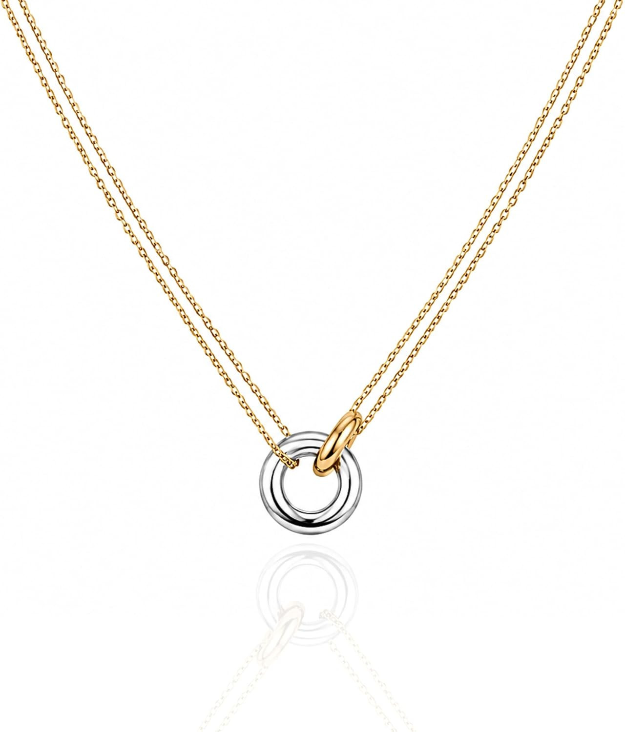 QueenBee Two-Tone Interlocking Rings Necklace for Women, 14K Gold & White Gold Double Circle Pendant, Dainty Layered Chain, Hypoallergenic Waterproof, Anniversary Birthday Gift | Amazon (US)