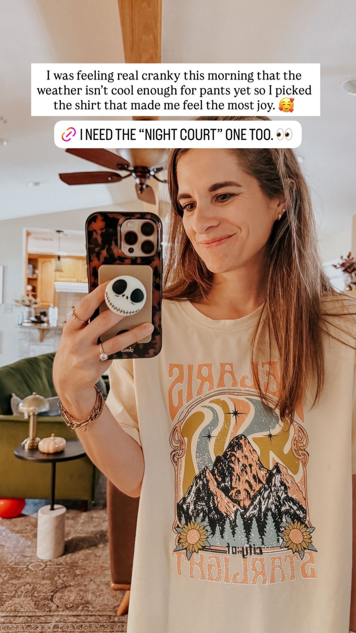 I was feeling real cranky this morning that the weather isn’t cool enough for pants yet so I picked the shirt that made me feel the most joy. 🥰