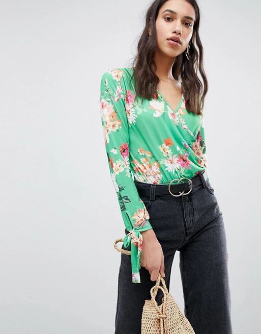 ASOS Long Sleeve Tie Cuff Wrap Daywear Body in Floral Print | ASOS US