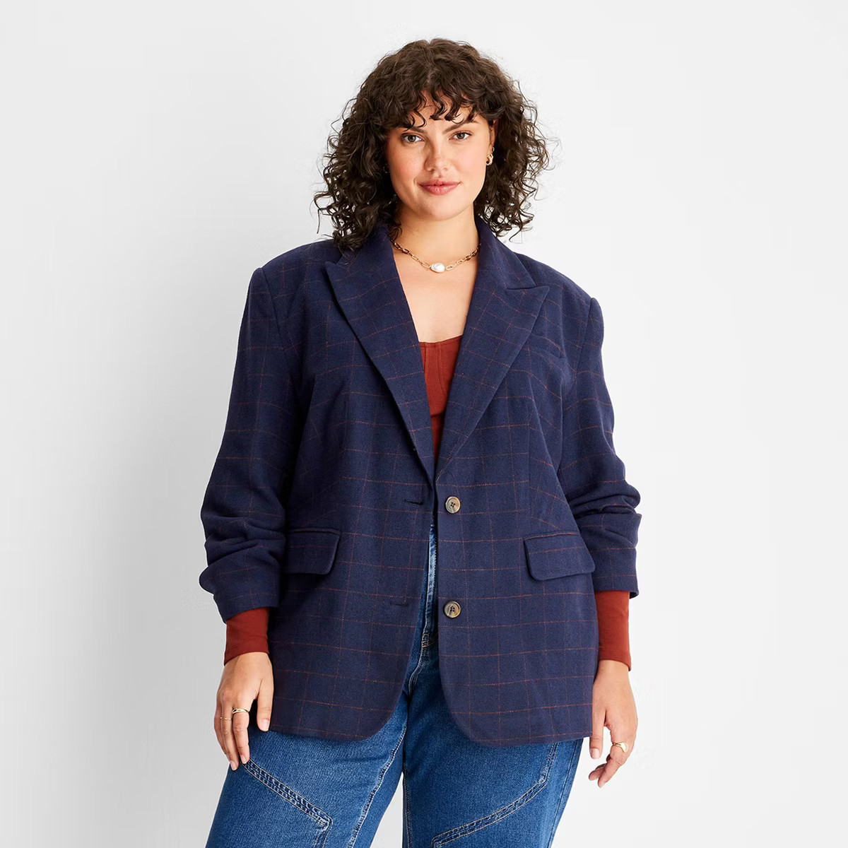 Women's Long Sleeve Prep Check Blazer - Future Collective™ with Reese Blutstein Navy Blue | Target