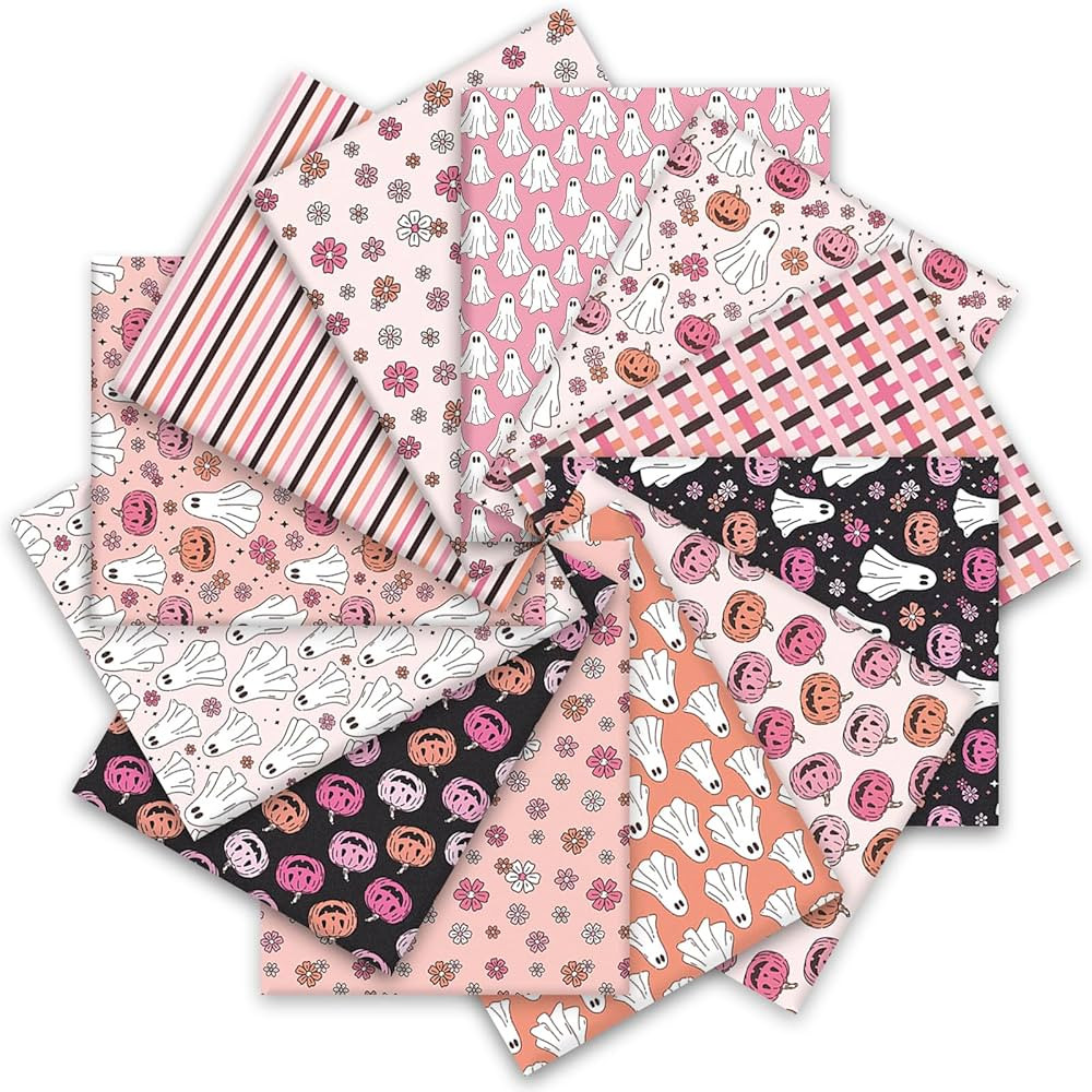 12Pcs Halloween Cotton Fabric Bundles Pumpkin Ghost Flower Fabric Squares 10 x 10 Inch Small Pink... | Amazon (US)