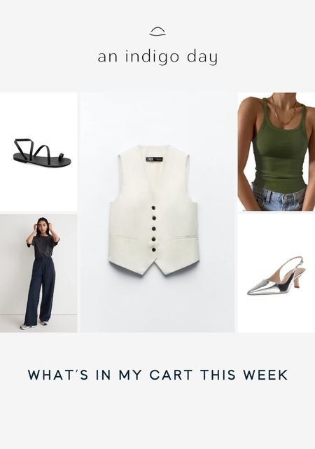 What I’m shopping this week. Zara vest - linking similar. Sandals. Metallic kitten heel sling backs. The best tank from amazon I take a medium. And the Madewell trousers so comfy 

#LTKshoecrush #LTKsalealert #LTKunder100