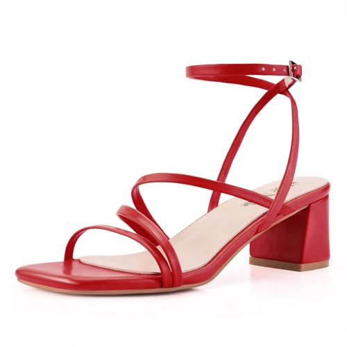 Shoe'N Tale Strappy Heels for Women Low Chunky Block Heel Dress Shoes Square Open Toe Ankle Strap Heeled Sandals(9.5,Red) | Amazon (US)