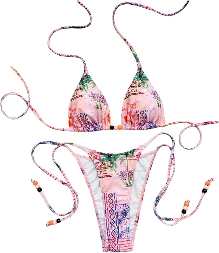 Women's 2 Pieces Zebra Striped Bikini Set Halter Triangle Swimsuit Y2K Tie Side Bathing Suit | Amazon (US)