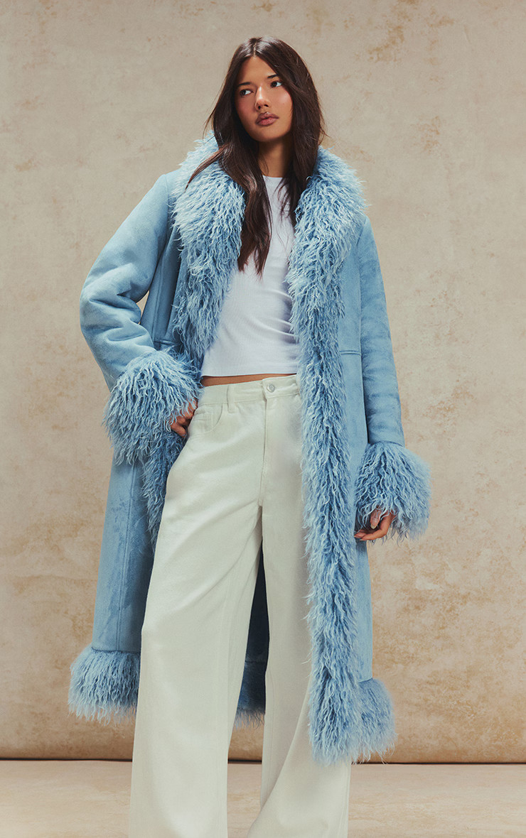 Powder Blue Faux Fur Trim Maxi Coat | PrettyLittleThing US