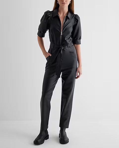 Faux Leather Puff Sleeve Tie Waist Straight Leg Jumpsuit | Express (Pmt Risk)