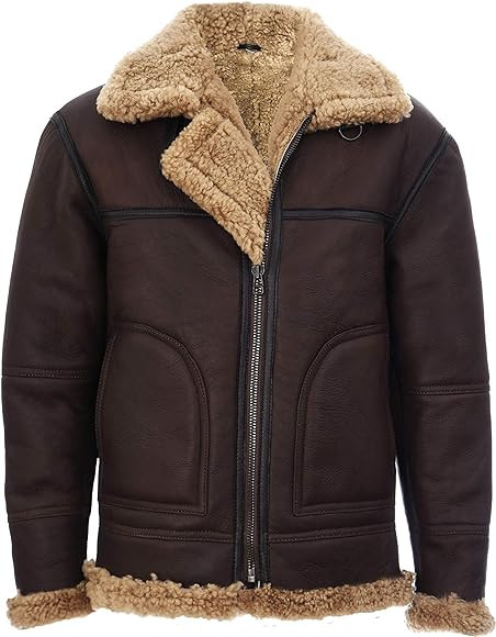Mens Vintage Brown Ginger B3 Sheepskin Aviator Flying Leather Jacket | Amazon (US)