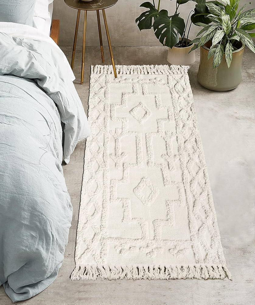 Uphome Boho Bathroom Runner Rug 2' x 4.3', Washable Woven Cotton Bedroom Rug Runner, Beige Aesthe... | Amazon (US)