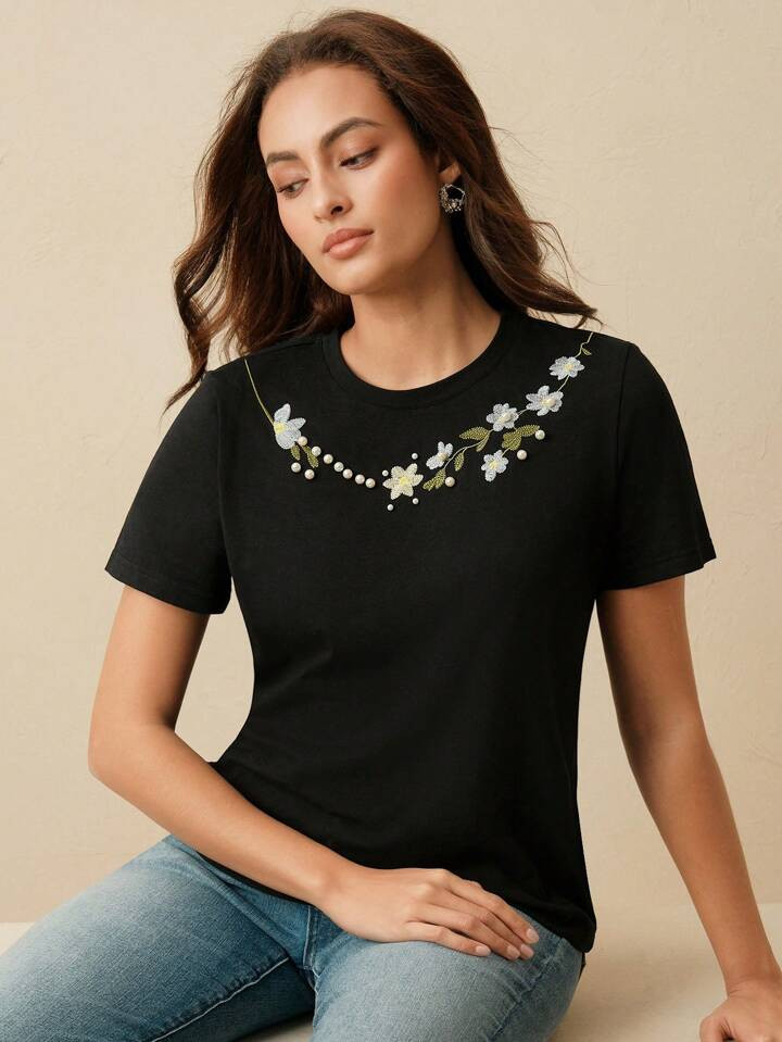 Anewsta Women's Black Knitted Short Sleeve Top With Delicate Floral Embroidery And Pearl Accents ... | SHEIN
