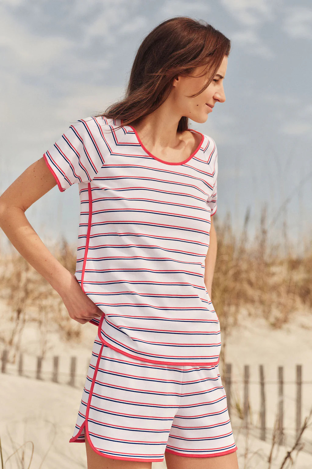 Pima Shorts Set in Lapis Bicolor Tidal Stripe | Lake Pajamas