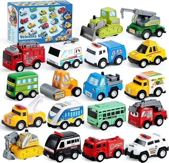 JOYIN 18 Pcs Pull Back City Cars and Trucks Toy Vehicles Set, Friction Powered Cars Toys for Todd... | Amazon (US)