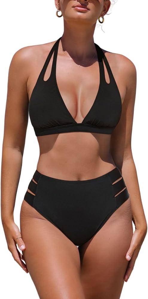 popvil High Waisted Bikini Sets for Women Two Piece Halter Top Swimsuit Tummy Control Bathing Sui... | Amazon (US)