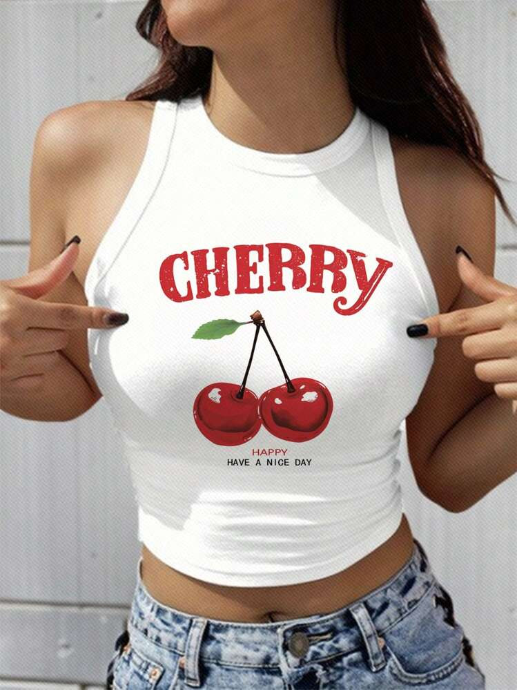 SHEIN EZwear Casual Cherry Pattern White Slim Fit Women's Tank Top, Summer Style | SHEIN