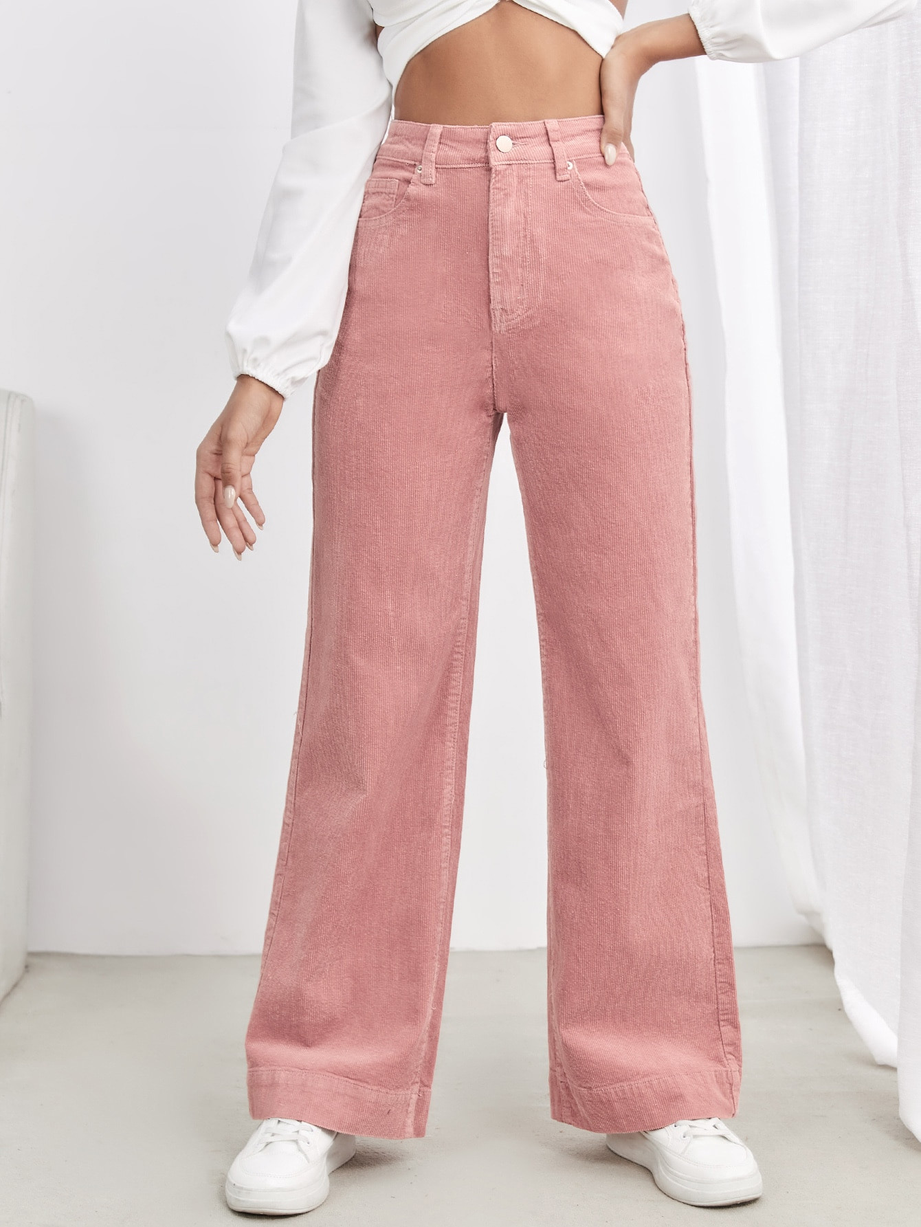 SHEIN EZwear Y2k High Waist Slant Pocket Cord Pink Pants | SHEIN USA | SHEIN