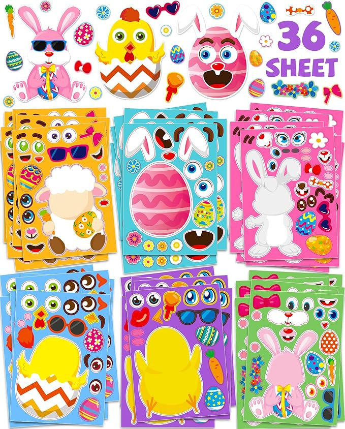 36 Sheets Easter Stickers for Kids Toddlers, Easter Basket Stuffers Easter Egg Decorating Bunny S... | Amazon (US)