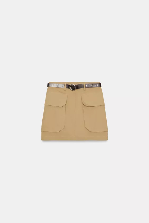 Skirt with belt and side patch pockets with flaps. Front zip and button closure. | Zara US