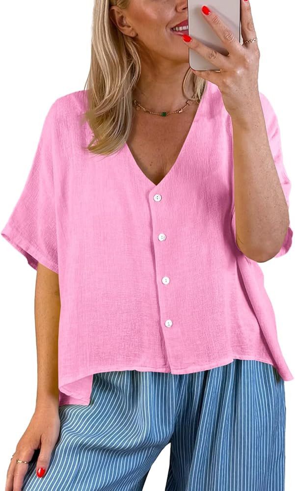 Tankaneo Womens Shirt Tops Batwing Short Sleeve Blouse Summer Casual Oversized V Neck Button Down... | Amazon (US)