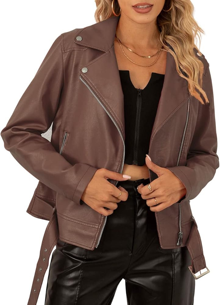Bellivera Women Faux Leather Short Motorcycle Jacket, Fall and Winter Fashion Belt Moto Biker Cas... | Amazon (US)
